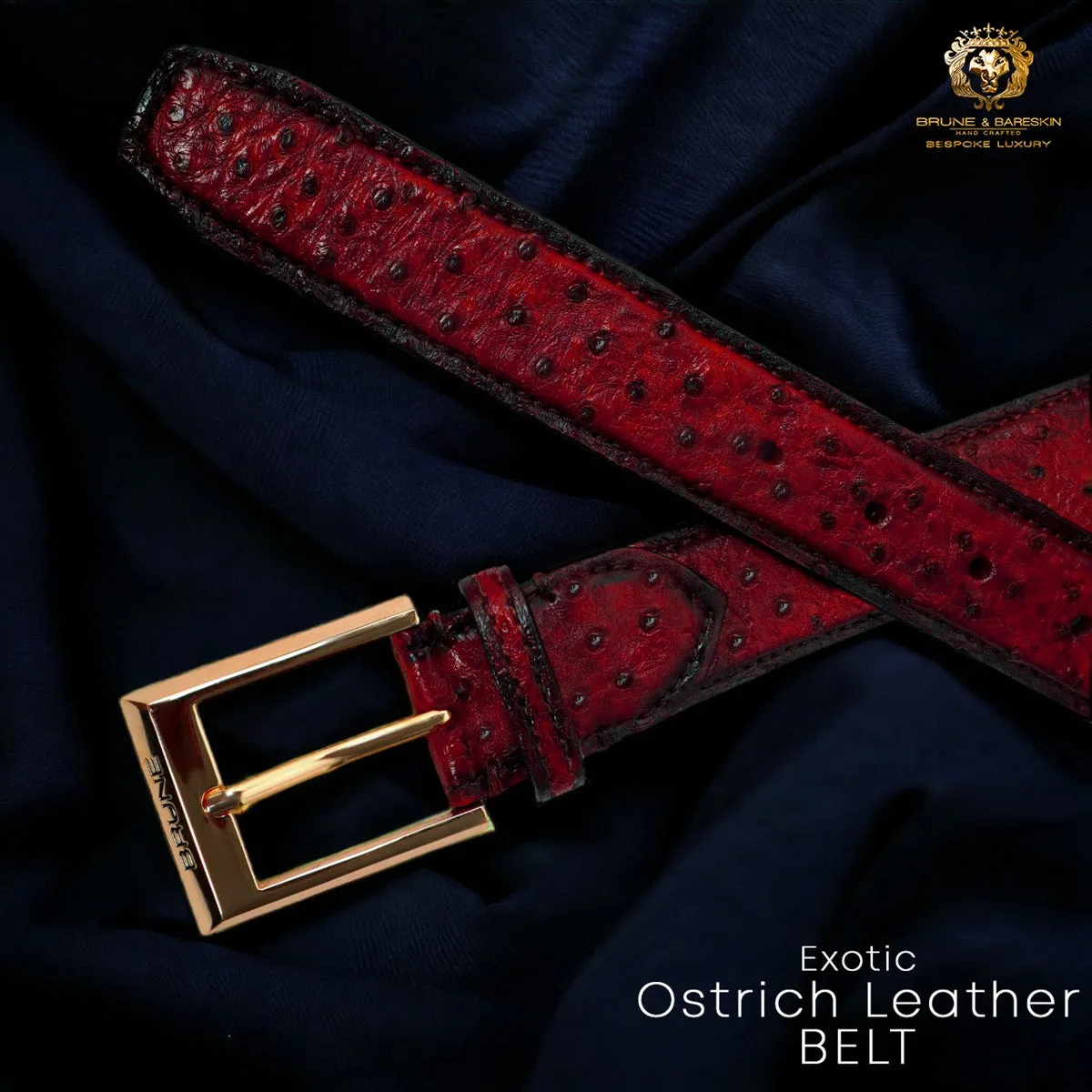 Wine Authentic Ostrich Leather Belt with Golden Square Buckle