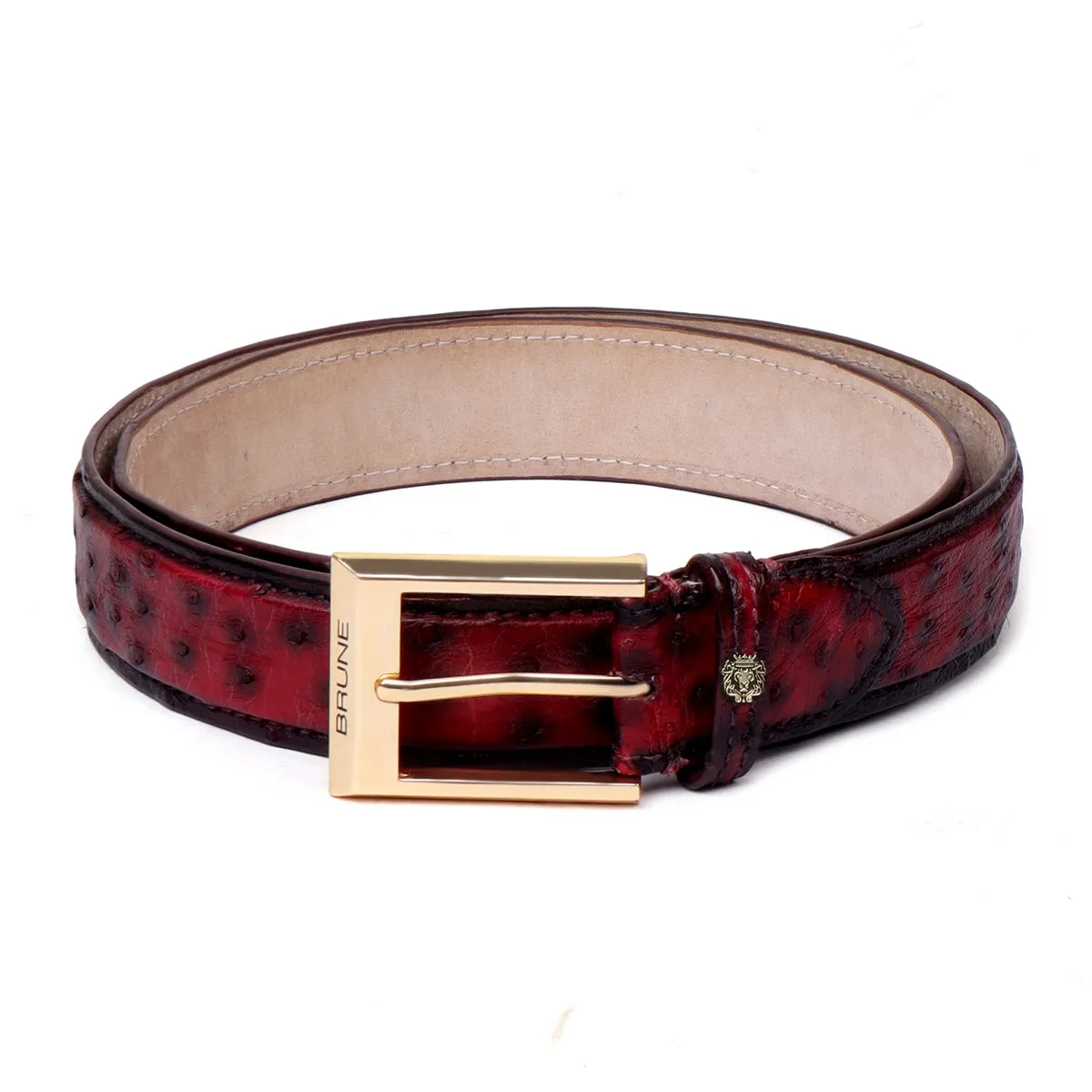 Wine Authentic Ostrich Leather Belt with Golden Square Buckle