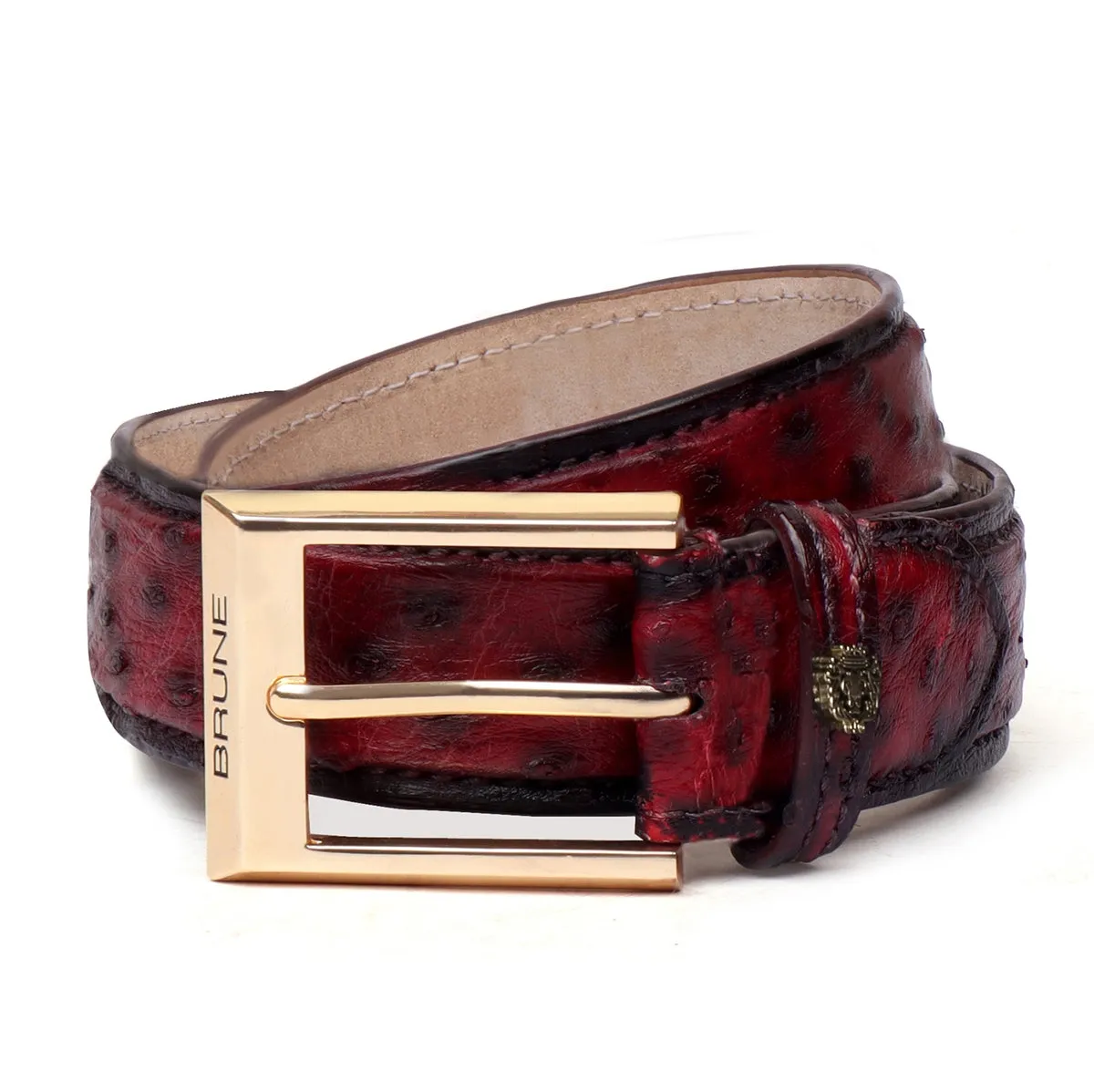 Wine Authentic Ostrich Leather Belt with Golden Square Buckle