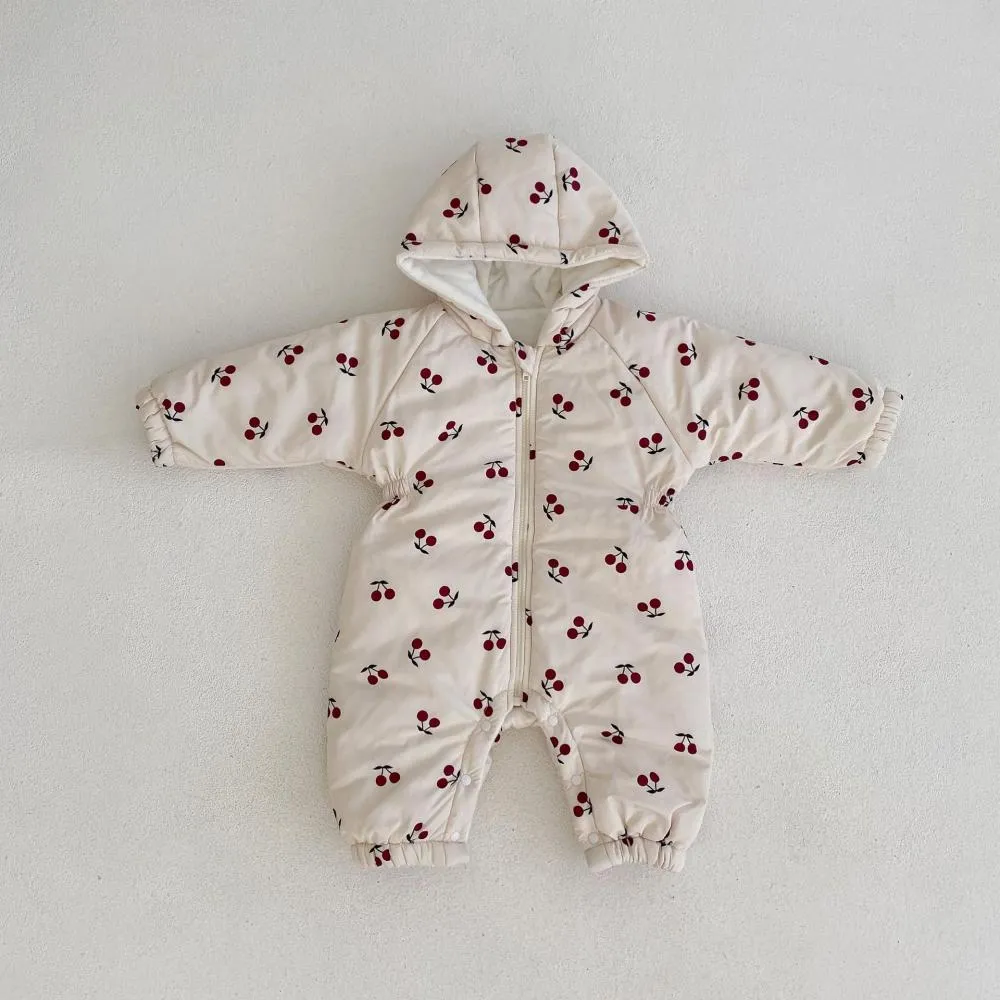 Winter Brushed and Thicken Cherry Print Quilted Hooded Romper Wholesale Baby Clothes