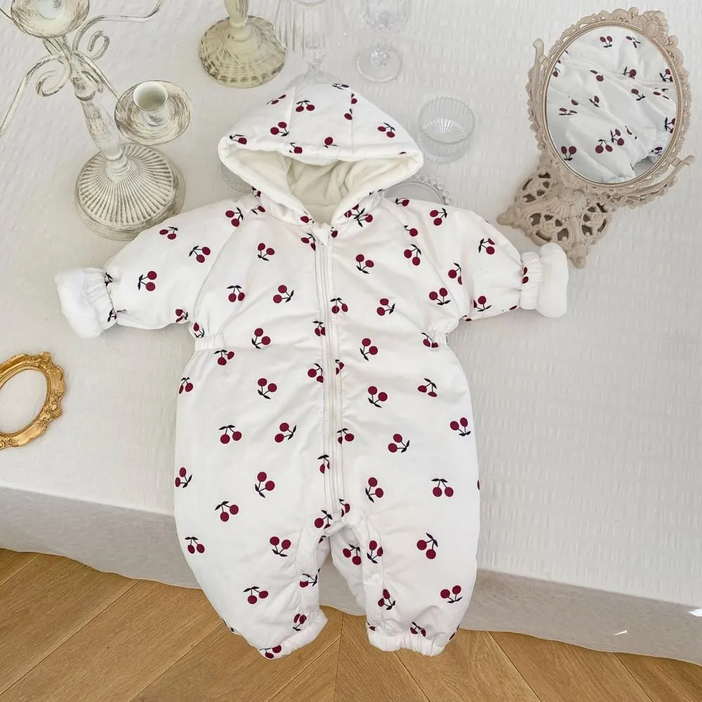 Winter Brushed and Thicken Cherry Print Quilted Hooded Romper Wholesale Baby Clothes