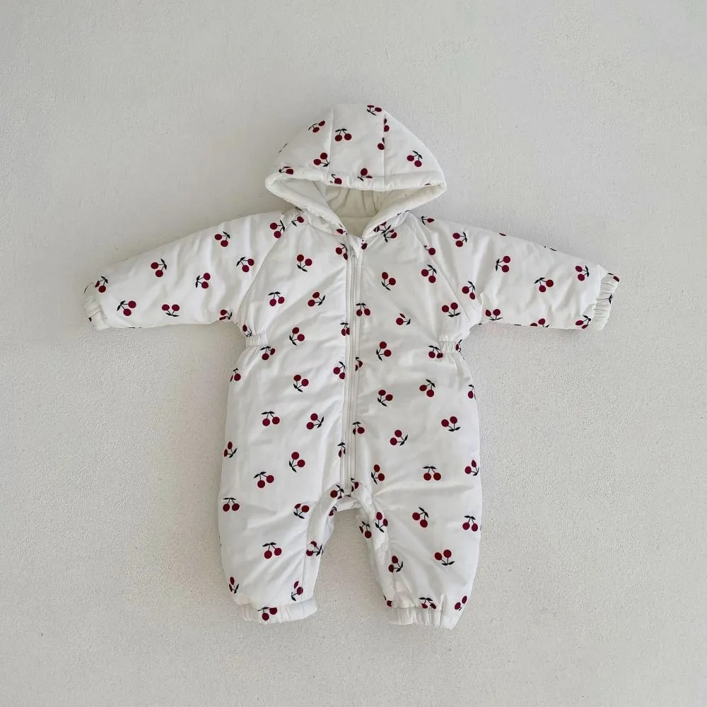 Winter Brushed and Thicken Cherry Print Quilted Hooded Romper Wholesale Baby Clothes