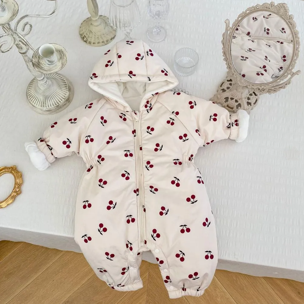 Winter Brushed and Thicken Cherry Print Quilted Hooded Romper Wholesale Baby Clothes