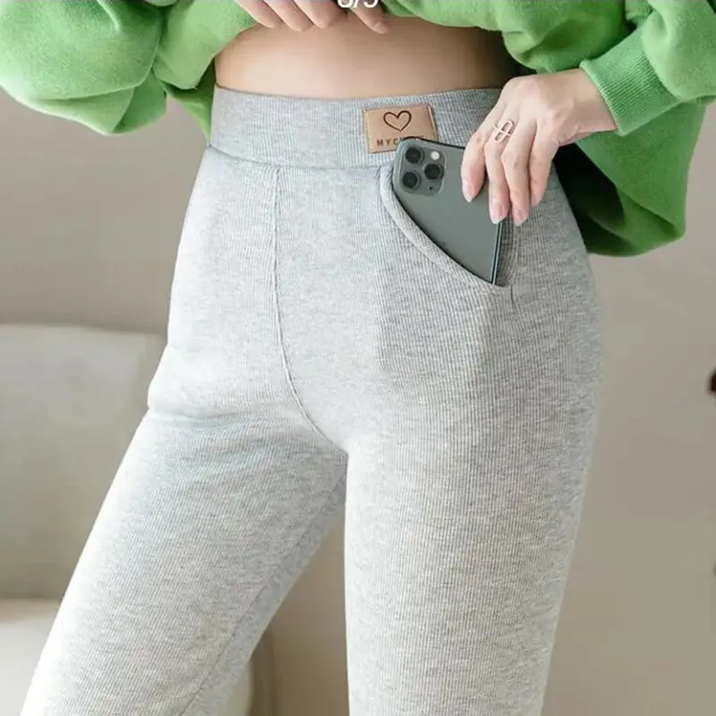 Wjczt High Waist Soft Winter Pocket Leggings for Women Fleece High Waist Thick Pants Velvet Thermal Grey Women&#39;s Warm Leggings