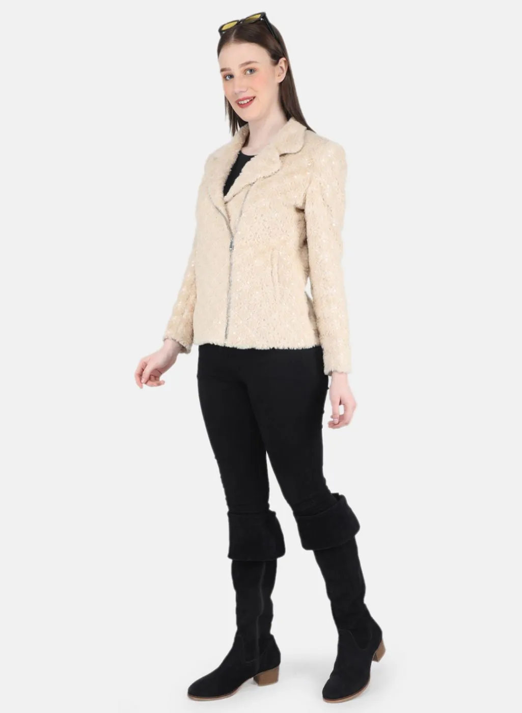 Women Beige Embroidered Coat