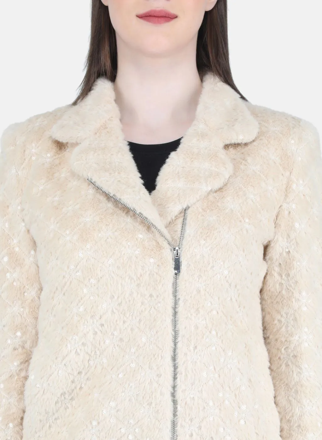 Women Beige Embroidered Coat