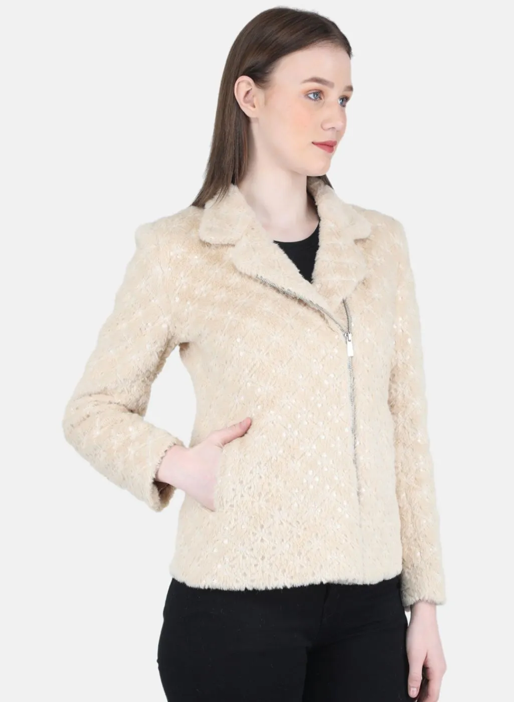 Women Beige Embroidered Coat