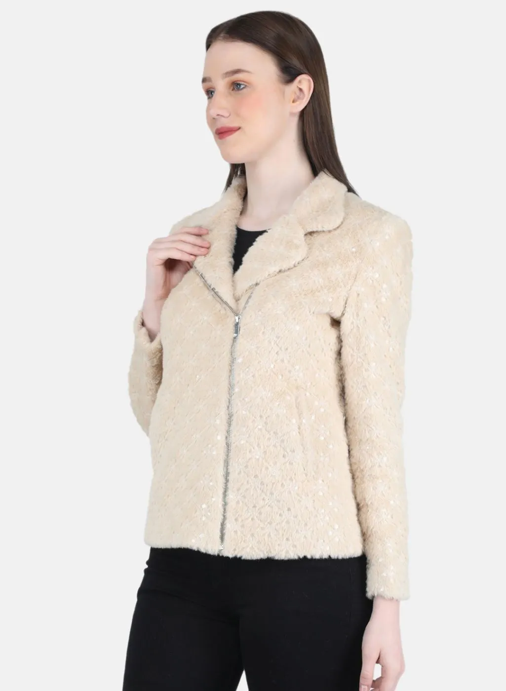 Women Beige Embroidered Coat