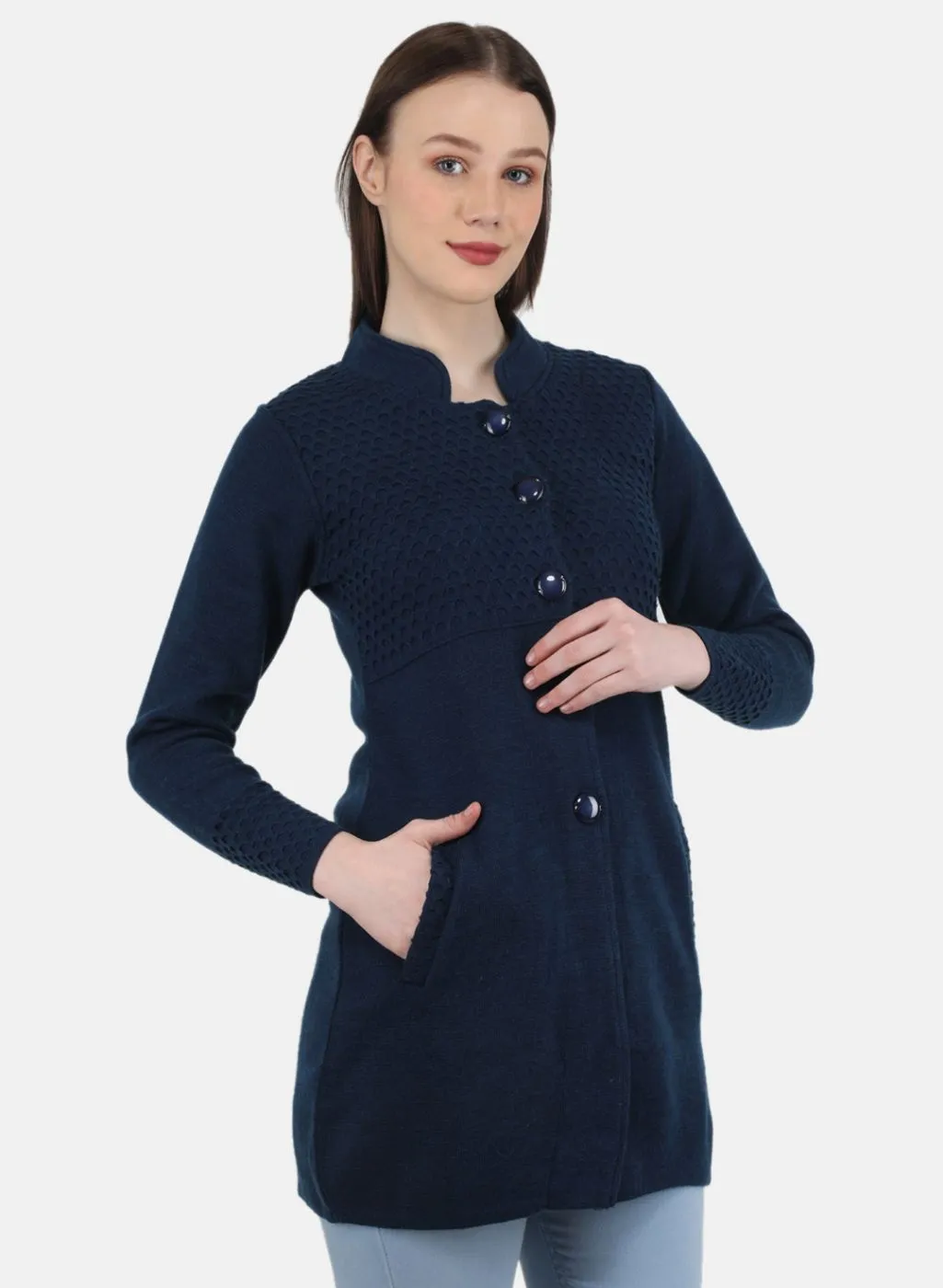 Women Blue Self Design Coat