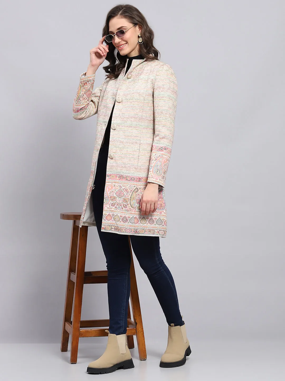 Women Multicolor Woven Design Round Neck Full Sleeve Coat