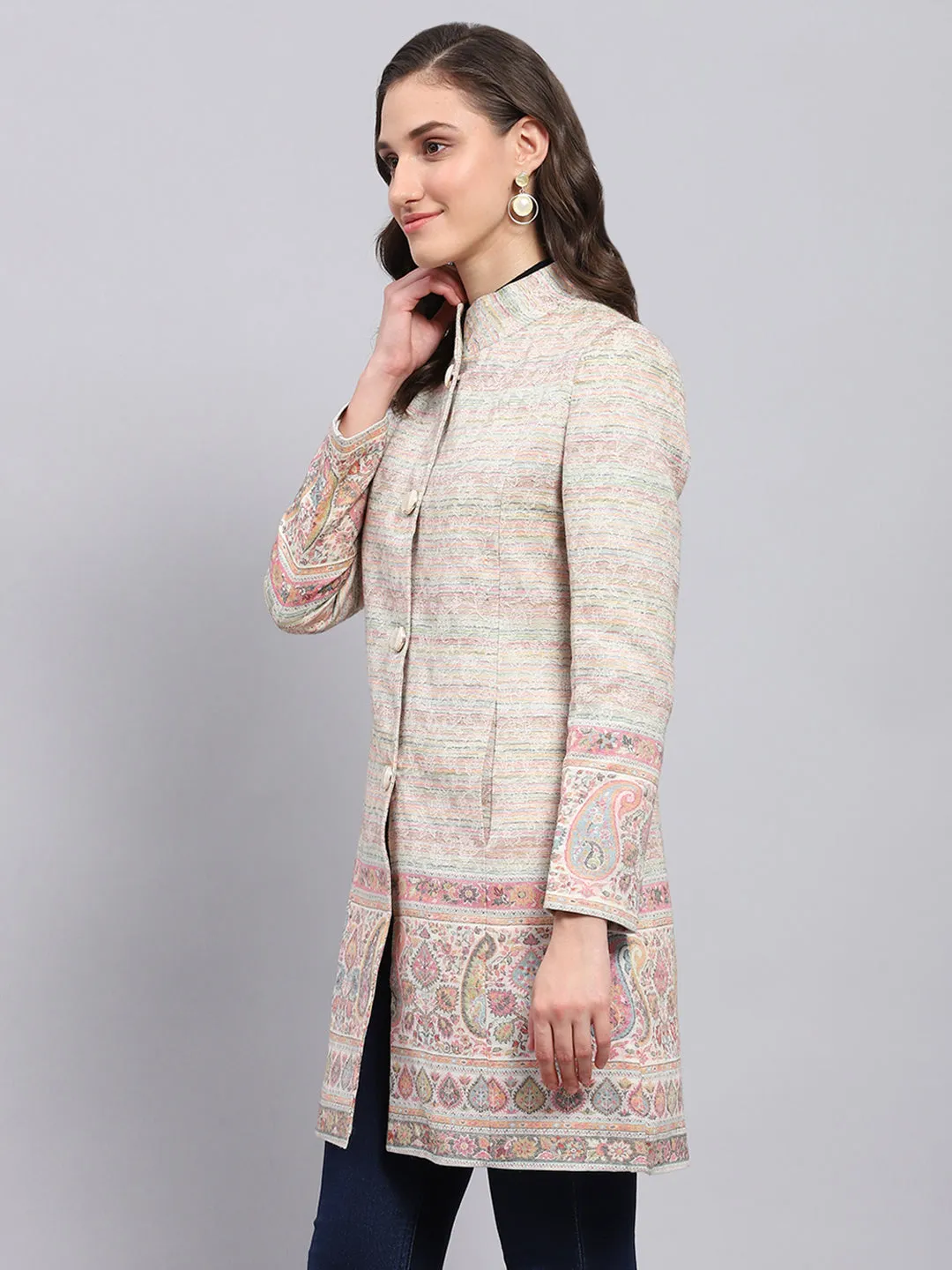 Women Multicolor Woven Design Round Neck Full Sleeve Coat