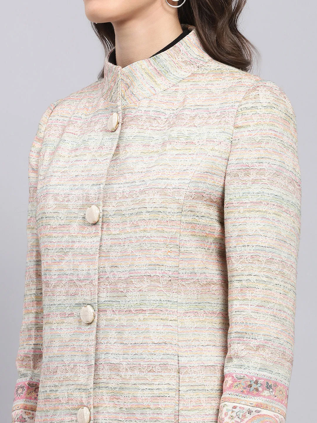 Women Multicolor Woven Design Round Neck Full Sleeve Coat