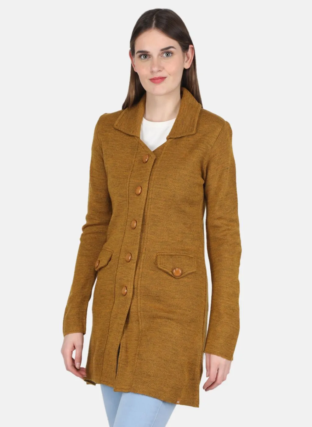 Women Mustard Self design Coat