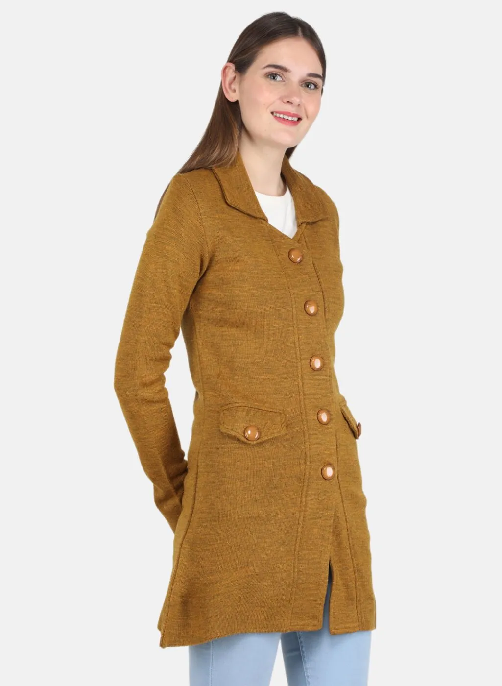 Women Mustard Self design Coat