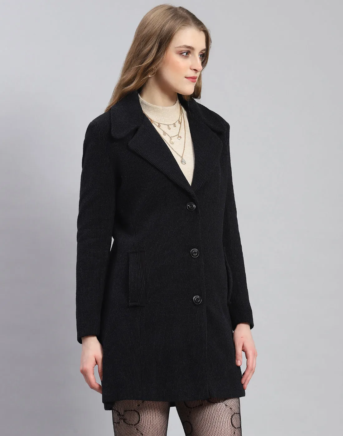 Women Navy Blue Stripe Lapel Collar Full Sleeve Coat