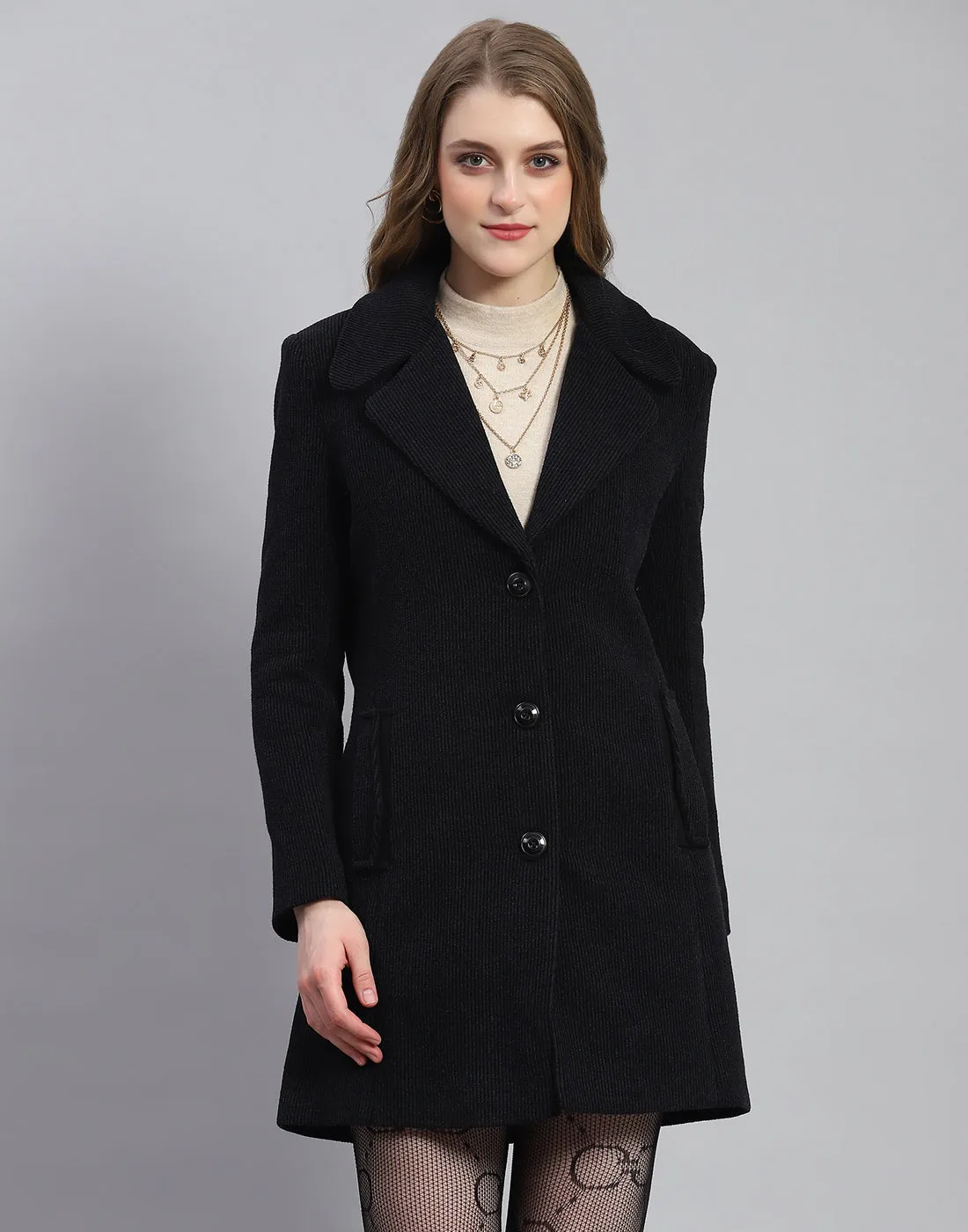 Women Navy Blue Stripe Lapel Collar Full Sleeve Coat