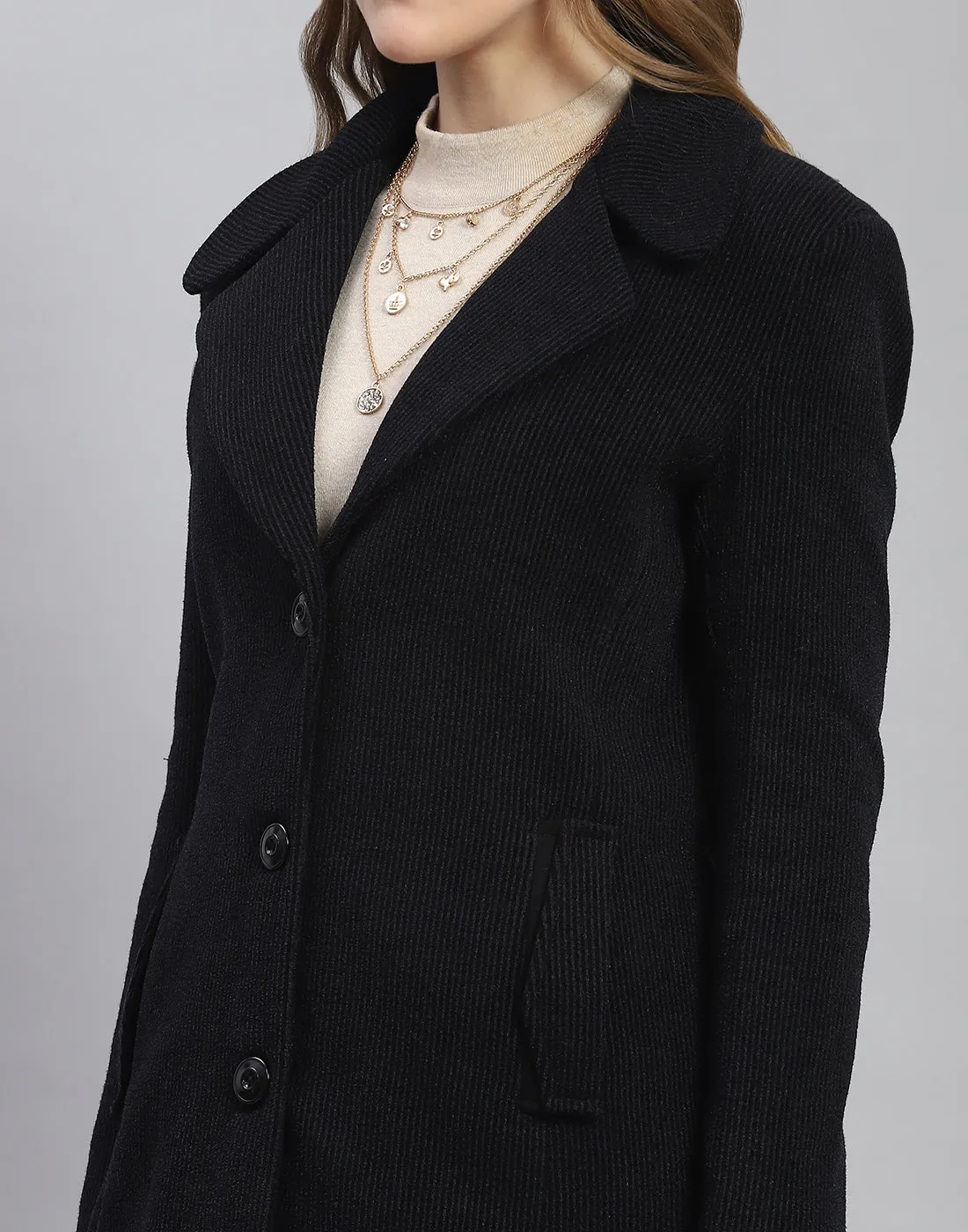 Women Navy Blue Stripe Lapel Collar Full Sleeve Coat