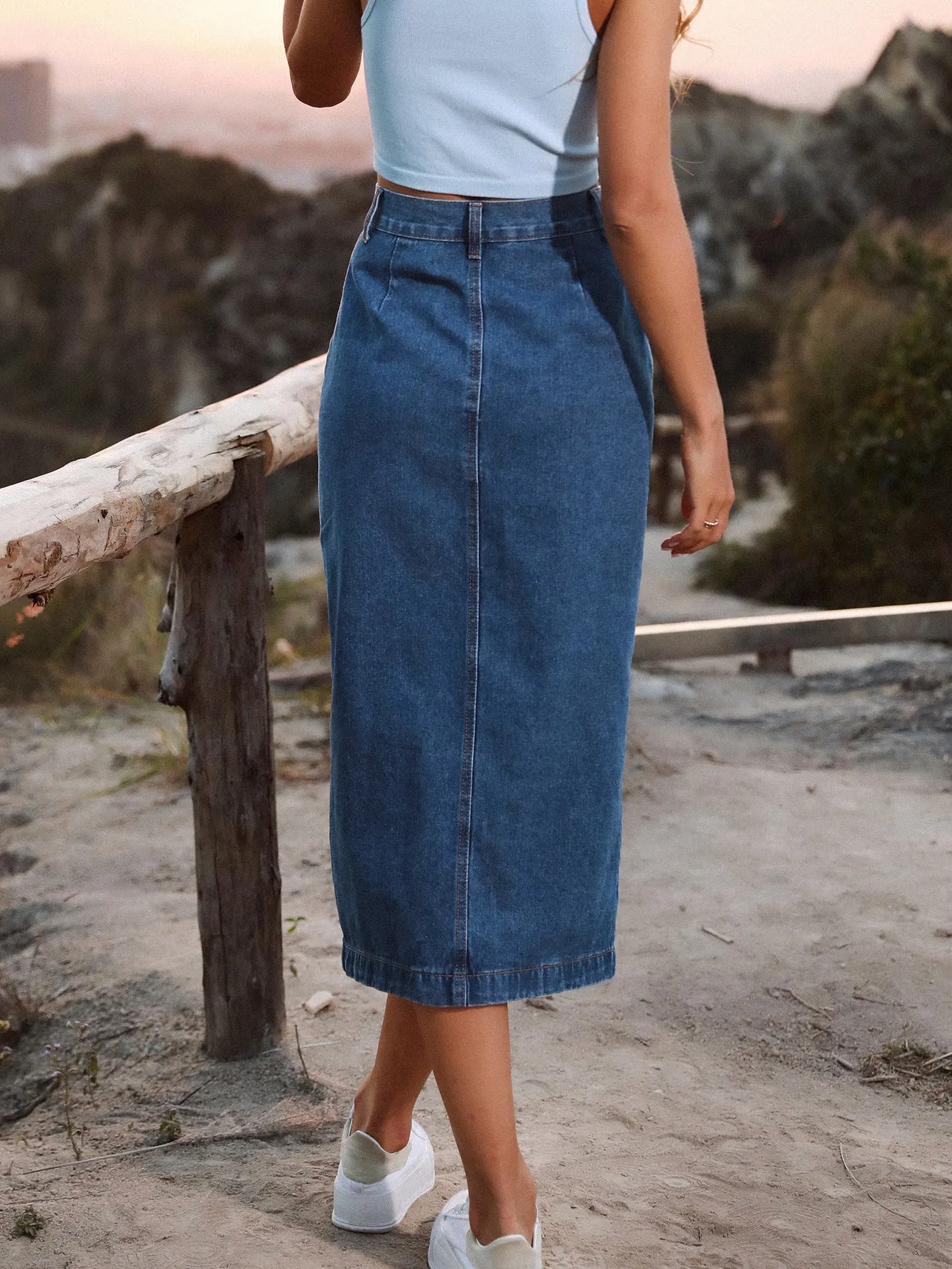 Womens Casual Slit Denim Midi Jean Skirt Stretch High Waist - Yapany Skirt