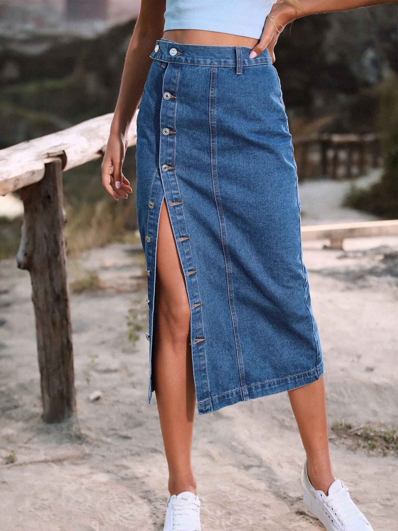 Womens Casual Slit Denim Midi Jean Skirt Stretch High Waist - Yapany Skirt