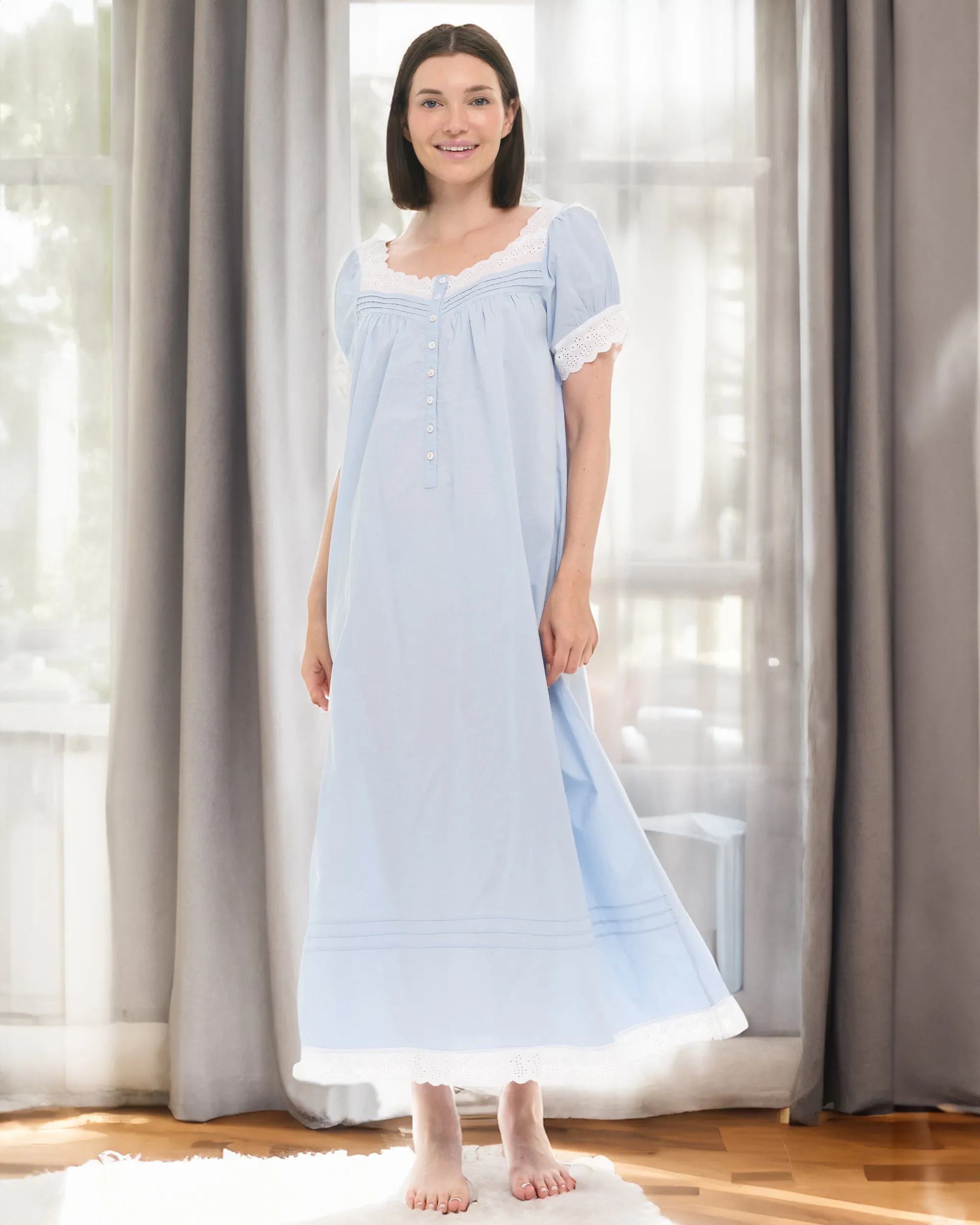 Women's Cotton Victorian Nightgown, Amelia Short Sleeve Lace Trimmed Button Up Long Night Dress