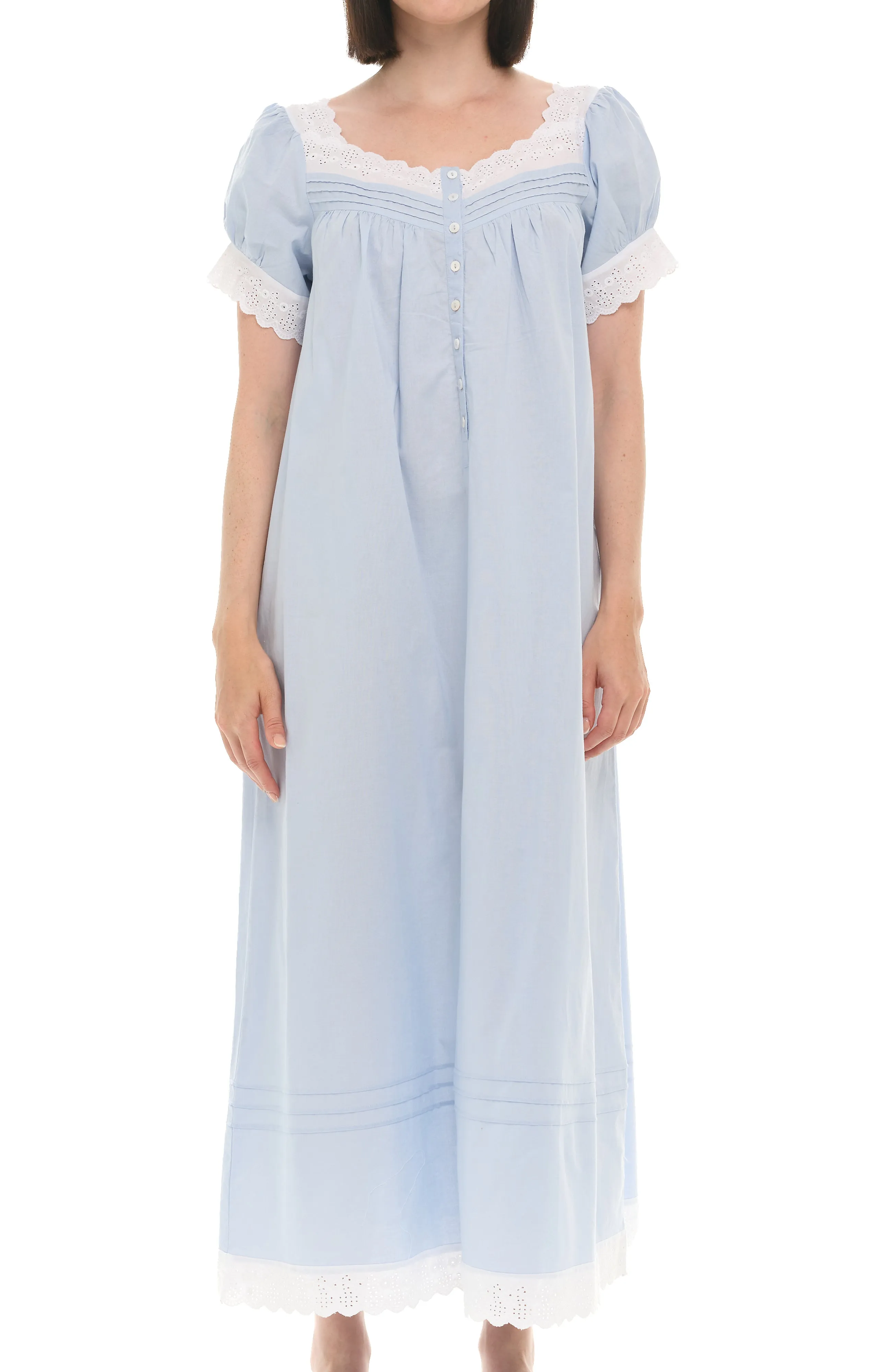 Women's Cotton Victorian Nightgown, Amelia Short Sleeve Lace Trimmed Button Up Long Night Dress