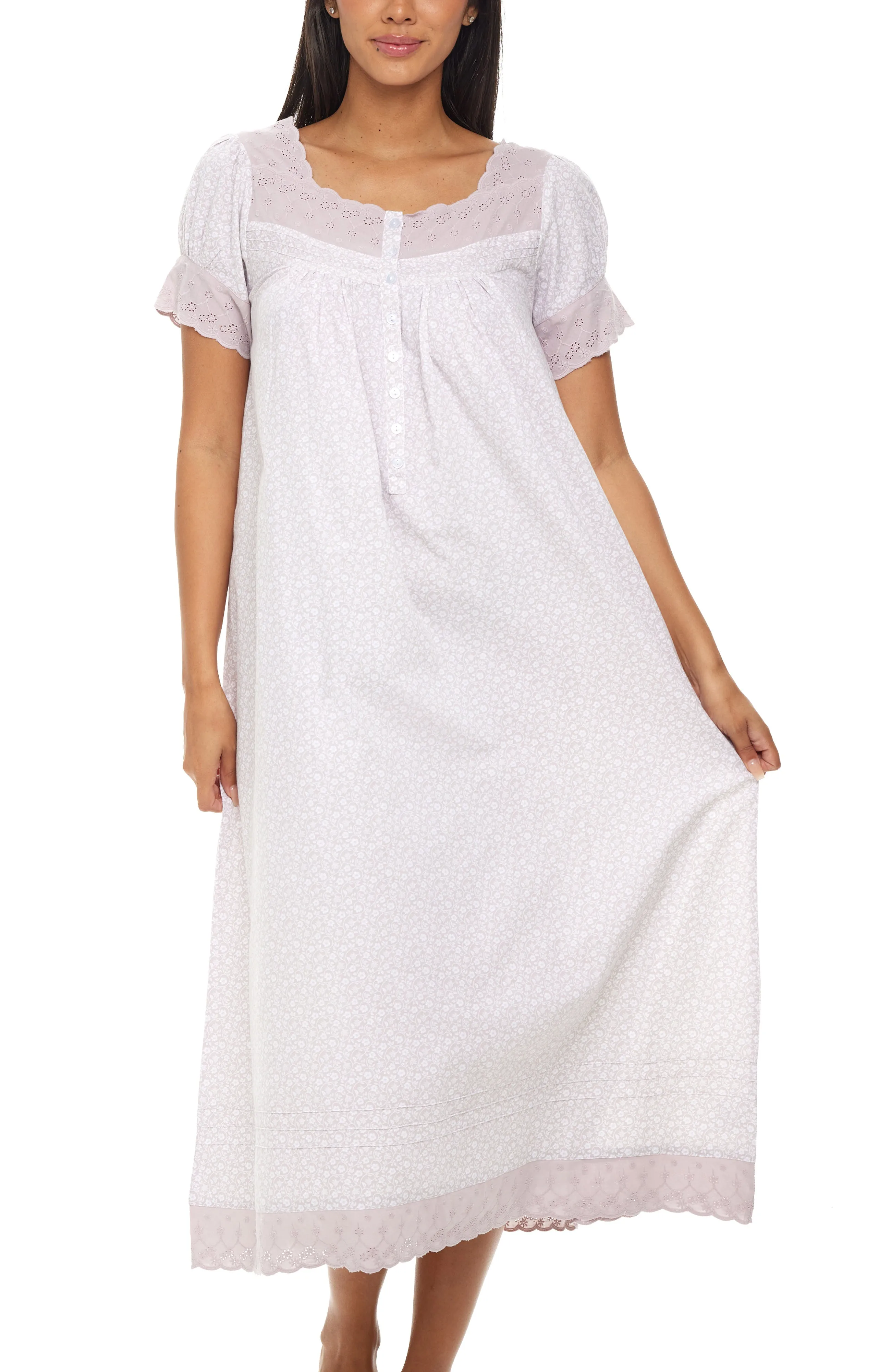 Women's Cotton Victorian Nightgown, Amelia Short Sleeve Lace Trimmed Button Up Long Night Dress