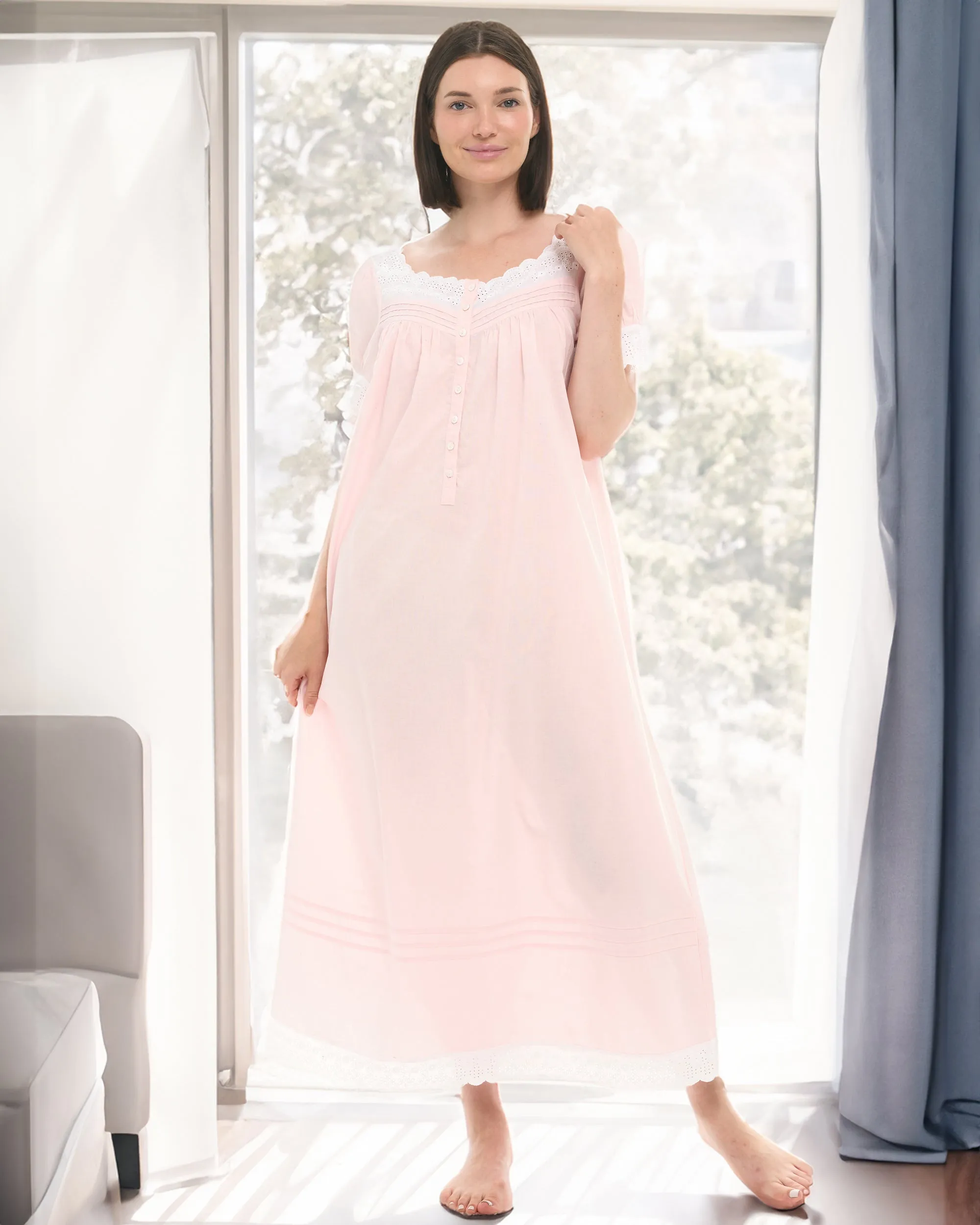 Women's Cotton Victorian Nightgown, Amelia Short Sleeve Lace Trimmed Button Up Long Night Dress