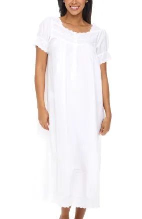 Women's Cotton Victorian Nightgown, Amelia Short Sleeve Lace Trimmed Button Up Long Night Dress