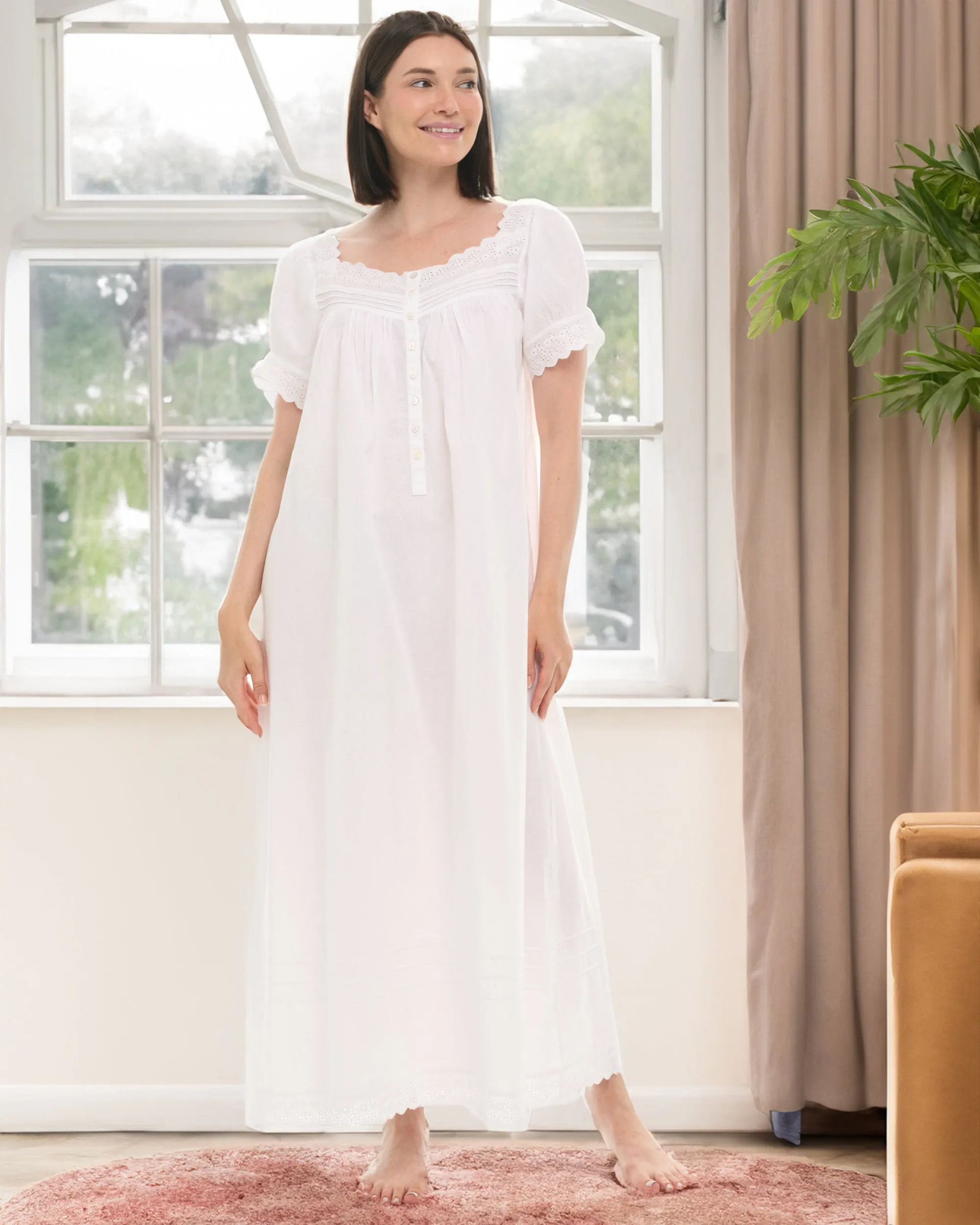 Women's Cotton Victorian Nightgown, Amelia Short Sleeve Lace Trimmed Button Up Long Night Dress