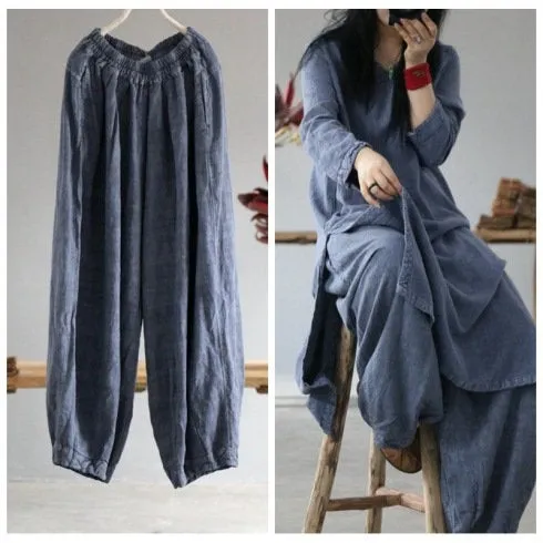 Womens Loose Fitting Minimalist Elegant Linen Pants With Pocket - Womans Casual Pants - Soft Loose Pants - Wide Leg Trousers - Elastic