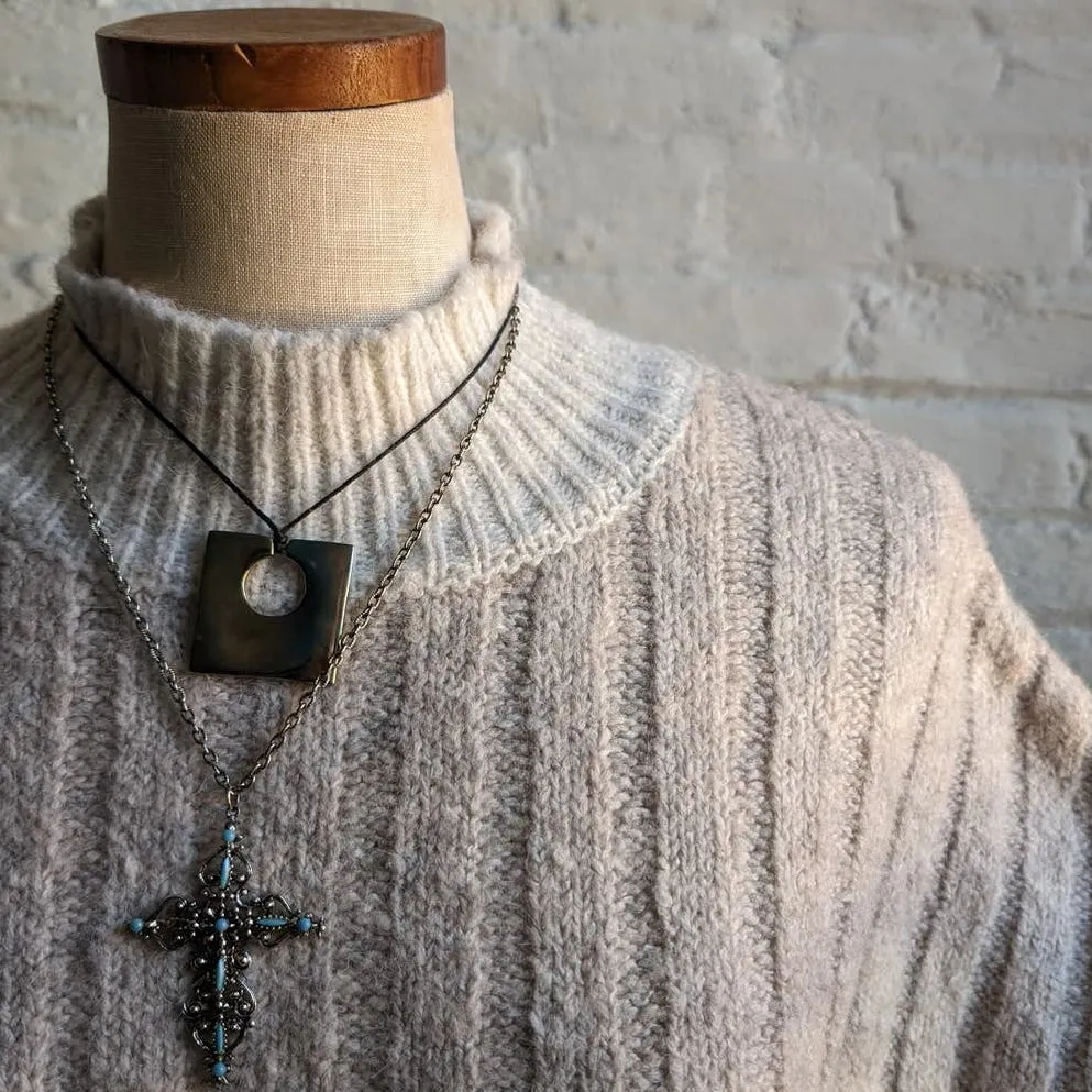 Y2K Vintage Minimalist Neutral Knit Wool Sweater Chunky Cable Knit Boho Chic Top